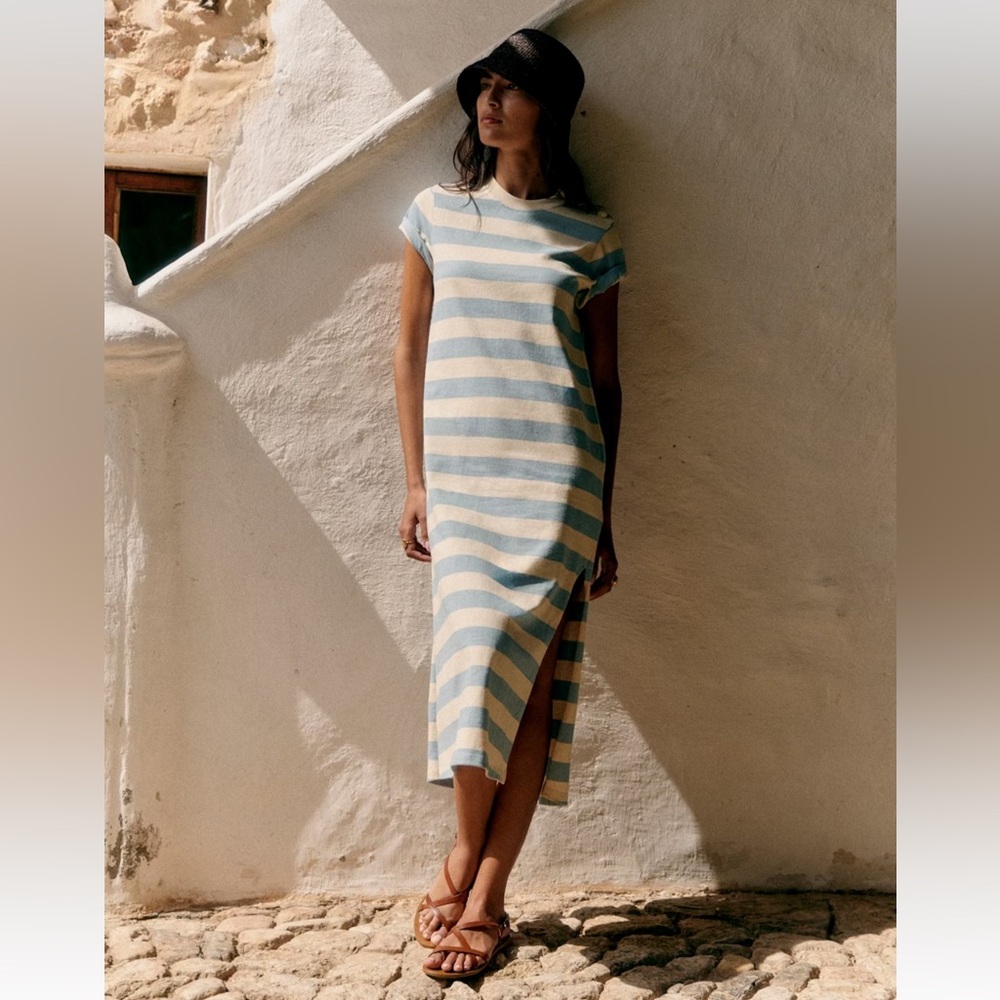 Sezane Blue and Cream Striped Midi Dress